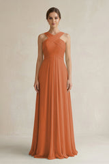 Cross Halter Chiffon A - Line Pleated Bridesmaid Dress in Terracotta - KissProm Bridesmaid Dresses