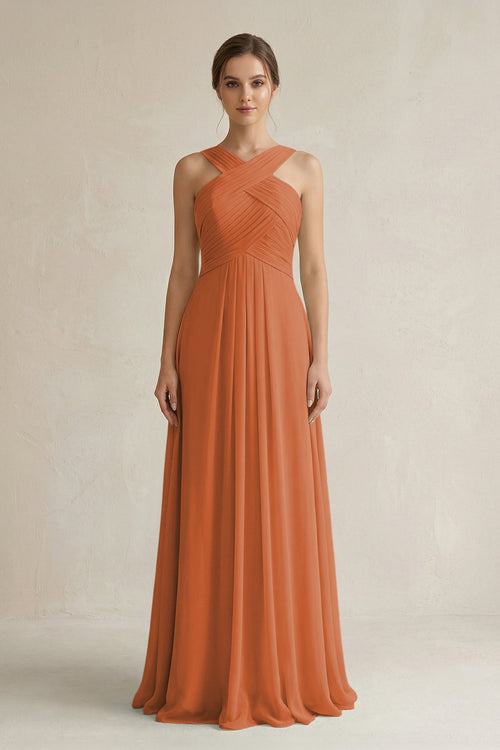 Cross Halter Chiffon A - Line Pleated Bridesmaid Dress in Terracotta - KissProm Bridesmaid Dresses