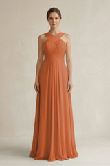 Cross Halter Chiffon A - Line Pleated Bridesmaid Dress in Terracotta - KissProm Bridesmaid Dresses
