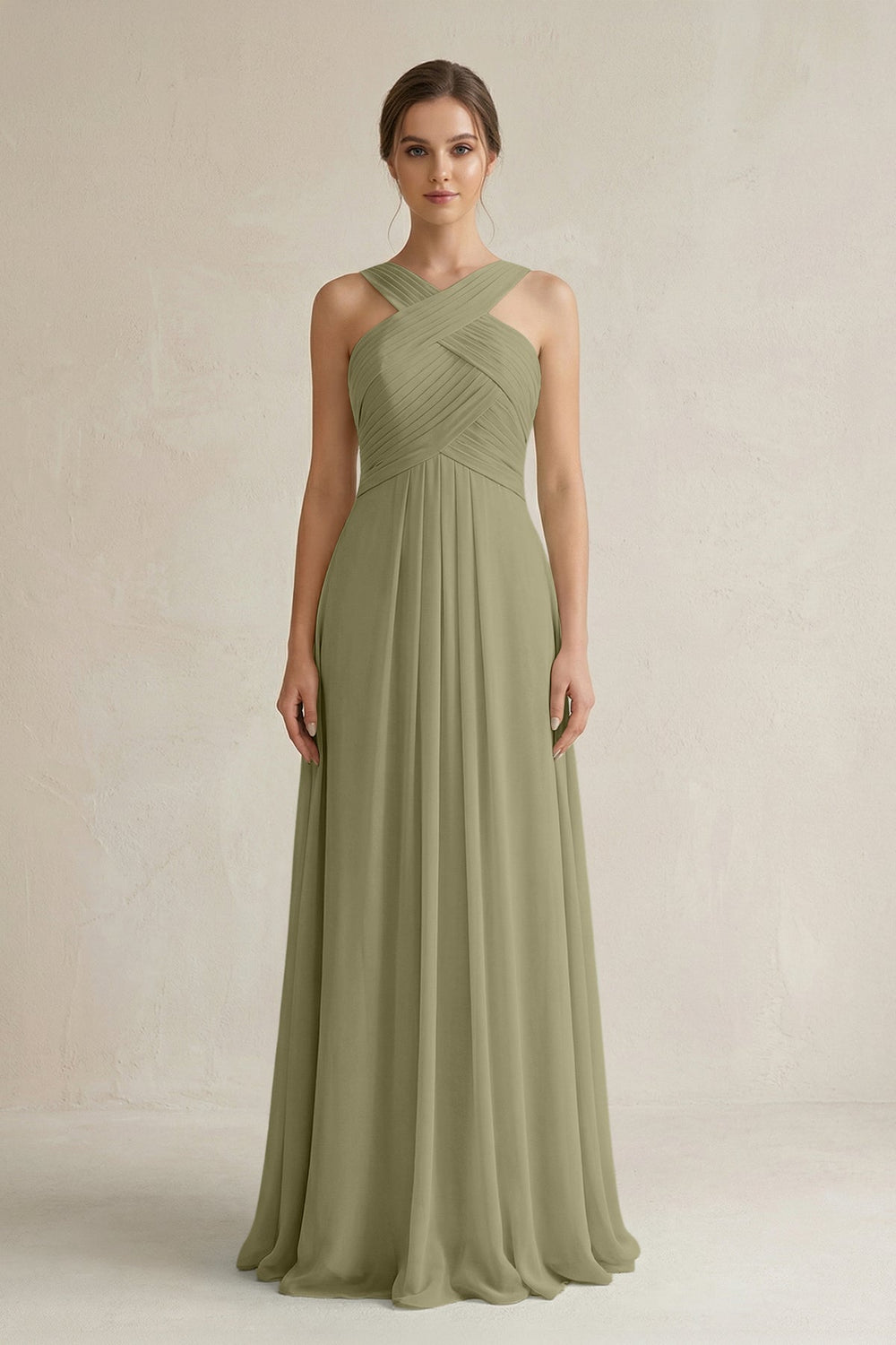 Cross Halter Chiffon A - Line Pleated Bridesmaid Dress in Thyme - KissProm Bridesmaid Dresses