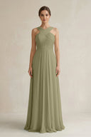 Cross Halter Chiffon A - Line Pleated Bridesmaid Dress in Thyme - KissProm Bridesmaid Dresses