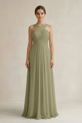 Cross Halter Chiffon A - Line Pleated Bridesmaid Dress in Thyme - KissProm Bridesmaid Dresses