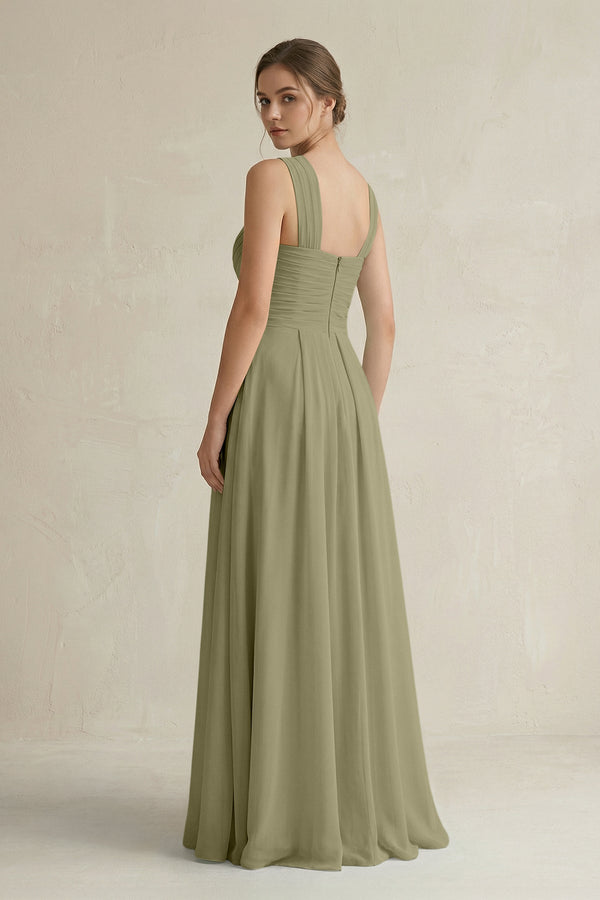 Cross Halter Chiffon A - Line Pleated Bridesmaid Dress in Thyme - KissProm Bridesmaid Dresses