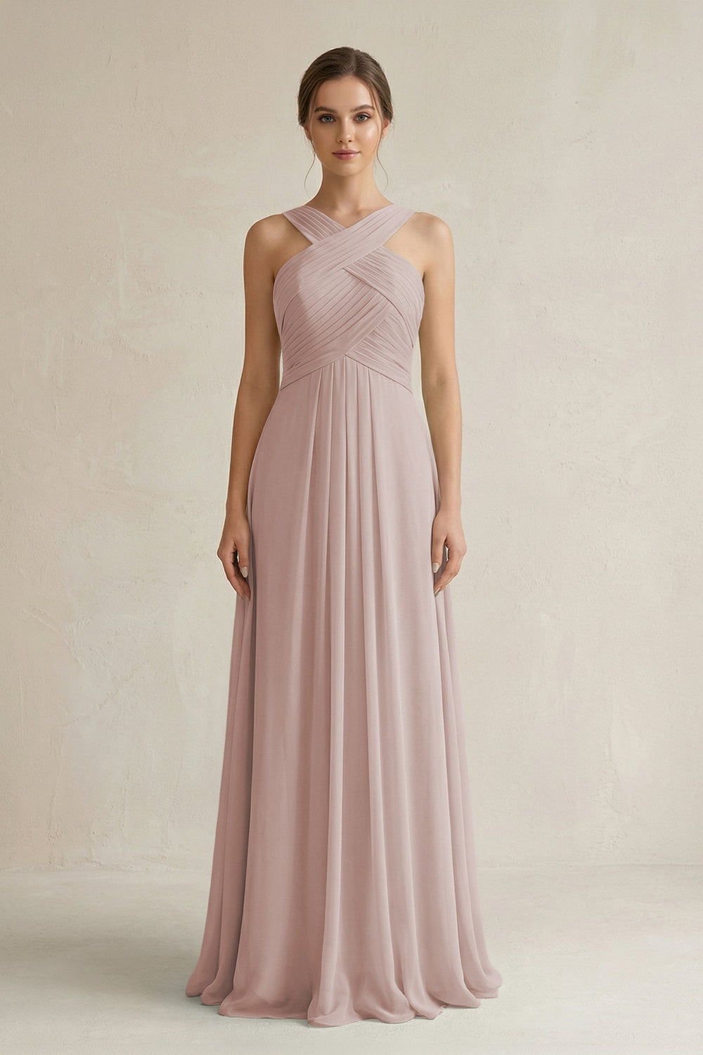 Cross Halter Chiffon A - Line Pleated Bridesmaid Dress in Toffee - KissProm Bridesmaid Dresses