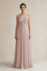 Cross Halter Chiffon A - Line Pleated Bridesmaid Dress in Toffee - KissProm Bridesmaid Dresses
