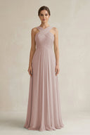 Cross Halter Chiffon A - Line Pleated Bridesmaid Dress in Toffee - KissProm Bridesmaid Dresses