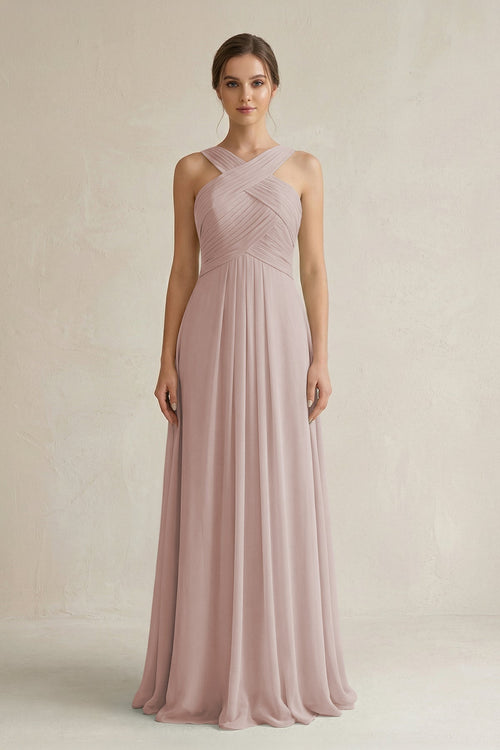 Cross Halter Chiffon A - Line Pleated Bridesmaid Dress in Toffee - KissProm Bridesmaid Dresses