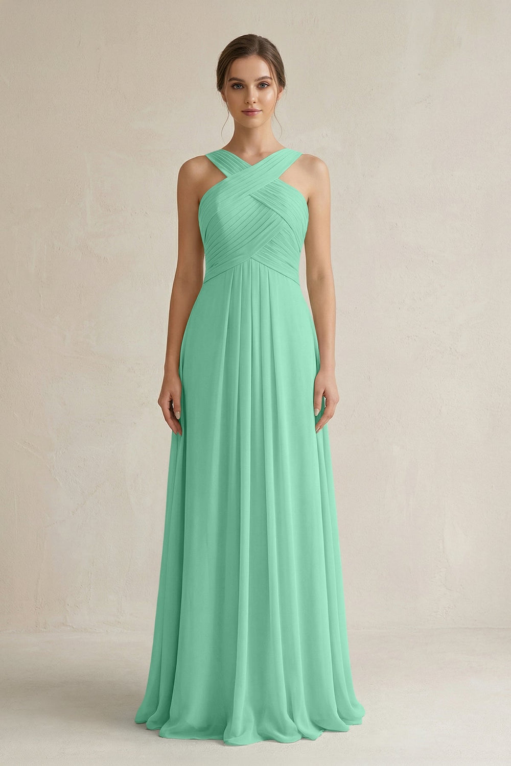 Cross Halter Chiffon A - Line Pleated Bridesmaid Dress in Turquoise - KissProm Bridesmaid Dresses