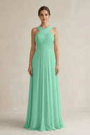 Cross Halter Chiffon A - Line Pleated Bridesmaid Dress in Turquoise - KissProm Bridesmaid Dresses