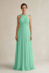 Cross Halter Chiffon A - Line Pleated Bridesmaid Dress in Turquoise - KissProm Bridesmaid Dresses