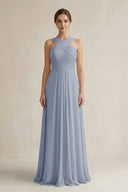 Cross Halter Chiffon A - Line Pleated Bridesmaid Dress in Twilight - KissProm Bridesmaid Dresses