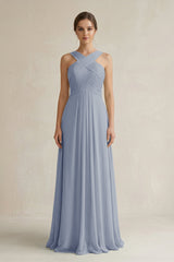 Cross Halter Chiffon A - Line Pleated Bridesmaid Dress in Twilight - KissProm Bridesmaid Dresses