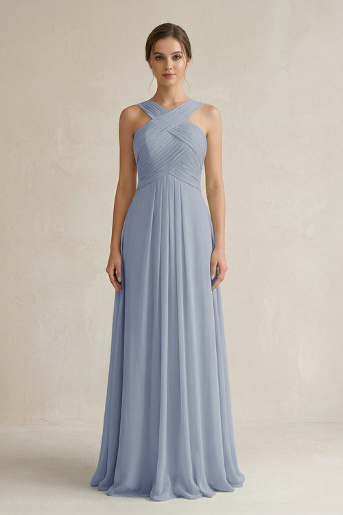 Cross Halter Chiffon A - Line Pleated Bridesmaid Dress in Twilight - KissProm Bridesmaid Dresses