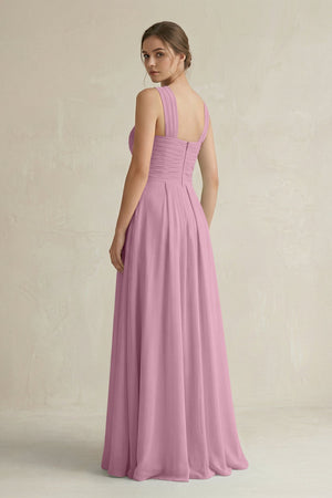 Cross Halter Chiffon A - Line Pleated Bridesmaid Dress in Vintage Mauve - KissProm Bridesmaid Dresses