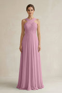 Cross Halter Chiffon A - Line Pleated Bridesmaid Dress in Vintage Mauve - KissProm Bridesmaid Dresses