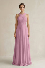 Cross Halter Chiffon A - Line Pleated Bridesmaid Dress in Vintage Mauve - KissProm Bridesmaid Dresses