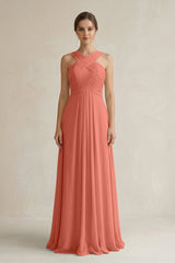Cross Halter Chiffon A - Line Pleated Bridesmaid Dress in Wild Rose - KissProm Bridesmaid Dresses