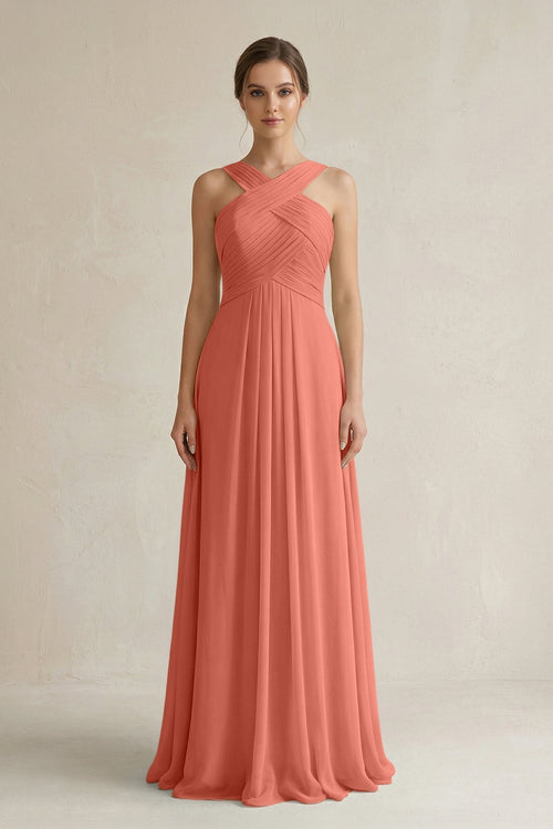 Cross Halter Chiffon A - Line Pleated Bridesmaid Dress in Wild Rose - KissProm Bridesmaid Dresses