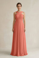 Cross Halter Chiffon A - Line Pleated Bridesmaid Dress in Wild Rose - KissProm Bridesmaid Dresses
