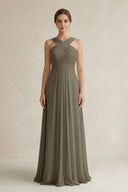 Cross Halter Chiffon A - Line Pleated Bridesmaid Dress in Willow Green - KissProm Bridesmaid Dresses