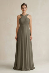 Cross Halter Chiffon A - Line Pleated Bridesmaid Dress in Willow Green - KissProm Bridesmaid Dresses