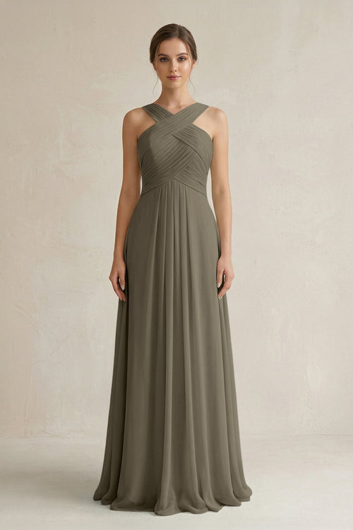 Cross Halter Chiffon A - Line Pleated Bridesmaid Dress in Willow Green - KissProm Bridesmaid Dresses