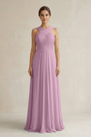 Cross Halter Chiffon A - Line Pleated Bridesmaid Dress in Wisteria - KissProm Bridesmaid Dresses