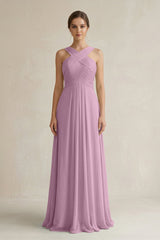 Cross Halter Chiffon A - Line Pleated Bridesmaid Dress in Wisteria - KissProm Bridesmaid Dresses