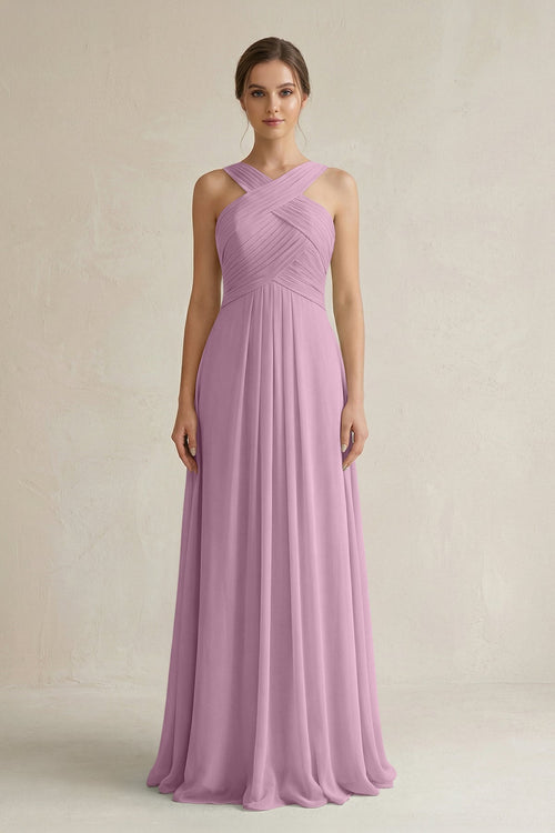 Cross Halter Chiffon A - Line Pleated Bridesmaid Dress in Wisteria - KissProm Bridesmaid Dresses