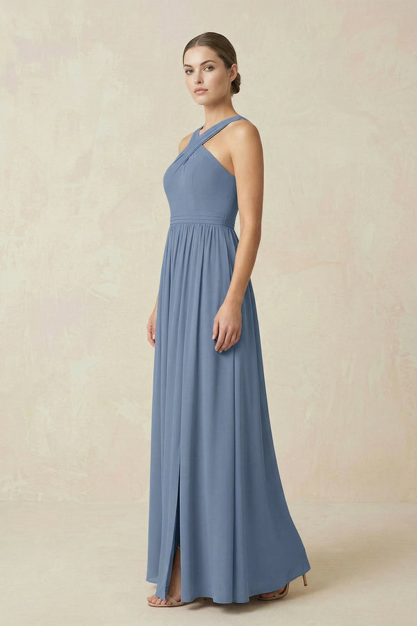 KissProm Cross Halter Neck Chiffon A-Line Bridesmaid Dress With Slit in Neptune, Neptune / 12