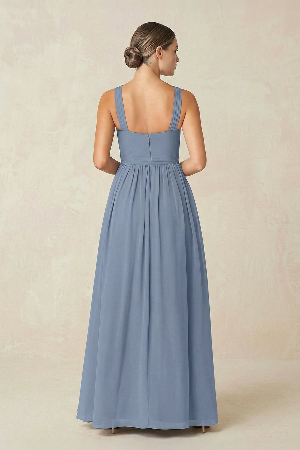 Cross Halter Neck Chiffon A-Line Bridesmaid Dress With Slit in Neptune - KissProm BRIDESMAID DRESSES