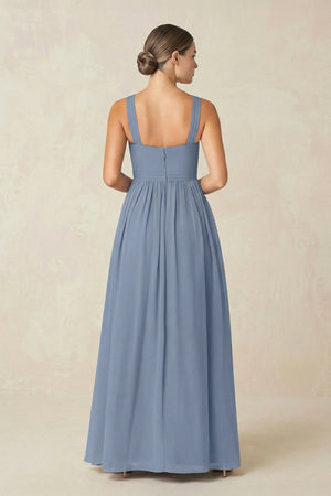 Cross Halter Neck Chiffon A-Line Bridesmaid Dress With Slit in Neptune - KissProm BRIDESMAID DRESSES