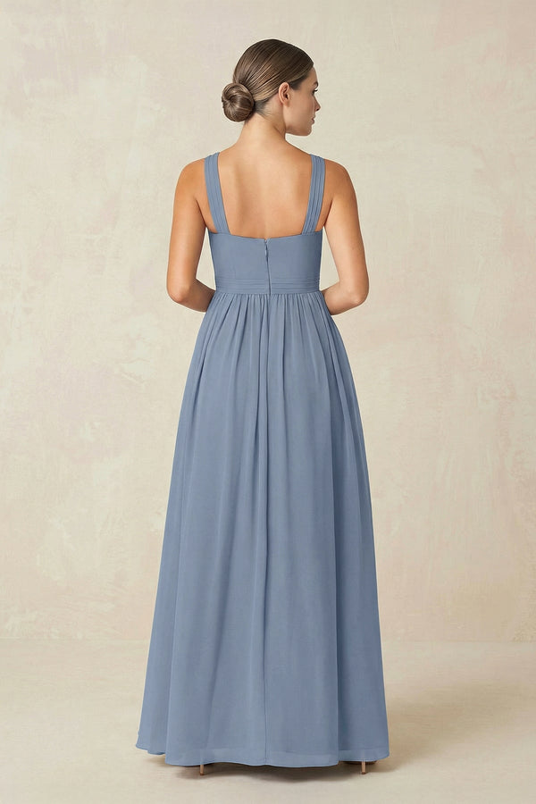 Cross Halter Neck Chiffon A-Line Bridesmaid Dress With Slit in Neptune - KissProm BRIDESMAID DRESSES