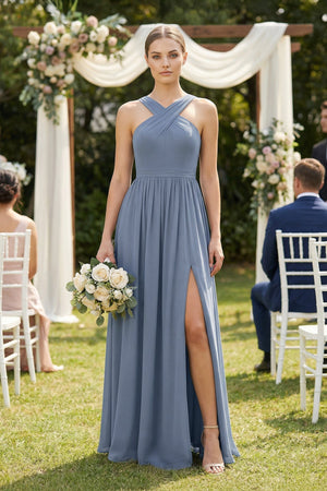 Cross Halter Neck Chiffon A-Line Bridesmaid Dress With Slit in Neptune - KissProm BRIDESMAID DRESSES