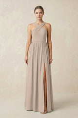 Cross Halter Neck Chiffon A-Line Bridesmaid Dress With Slit in Almond - KissProm BRIDESMAID DRESSES