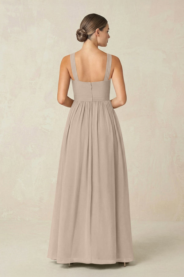 Cross Halter Neck Chiffon A-Line Bridesmaid Dress With Slit in Almond - KissProm BRIDESMAID DRESSES