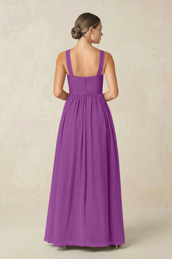 Cross Halter Neck Chiffon A-Line Bridesmaid Dress With Slit in Amethyst - KissProm BRIDESMAID DRESSES