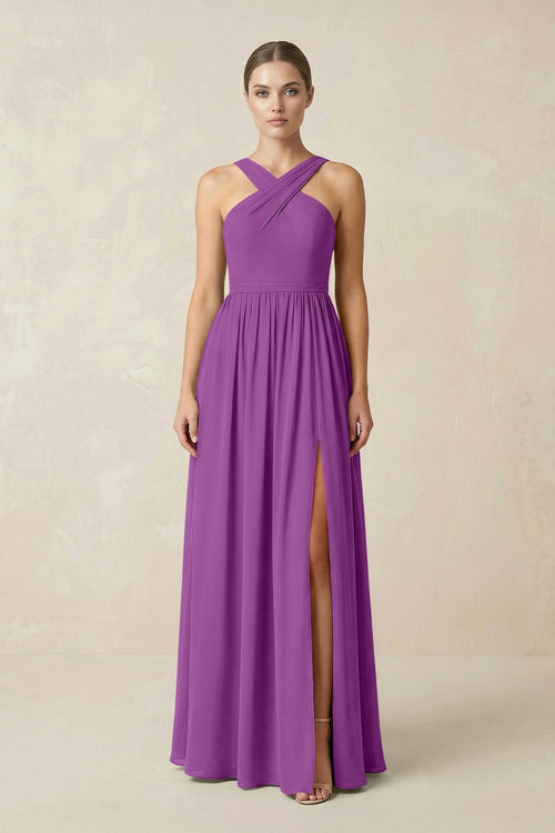 Cross Halter Neck Chiffon A-Line Bridesmaid Dress With Slit in Amethyst - KissProm BRIDESMAID DRESSES