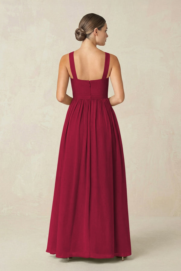 Cross Halter Neck Chiffon A-Line Bridesmaid Dress With Slit in Berry - KissProm BRIDESMAID DRESSES