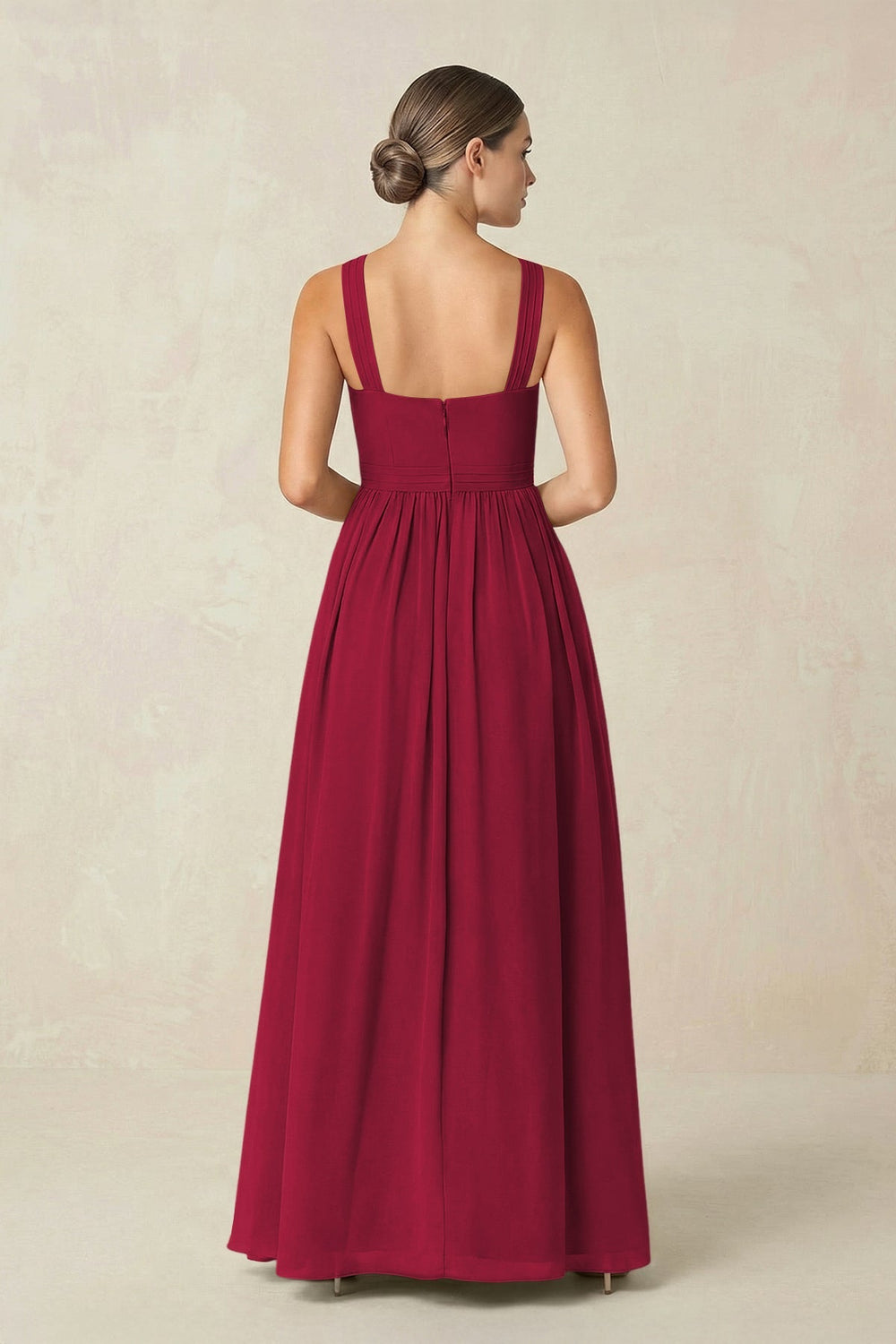 Cross Halter Neck Chiffon A-Line Bridesmaid Dress With Slit in Berry - KissProm BRIDESMAID DRESSES