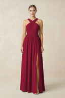 Cross Halter Neck Chiffon A-Line Bridesmaid Dress With Slit in Berry - KissProm BRIDESMAID DRESSES