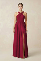 Cross Halter Neck Chiffon A-Line Bridesmaid Dress With Slit in Berry - KissProm BRIDESMAID DRESSES