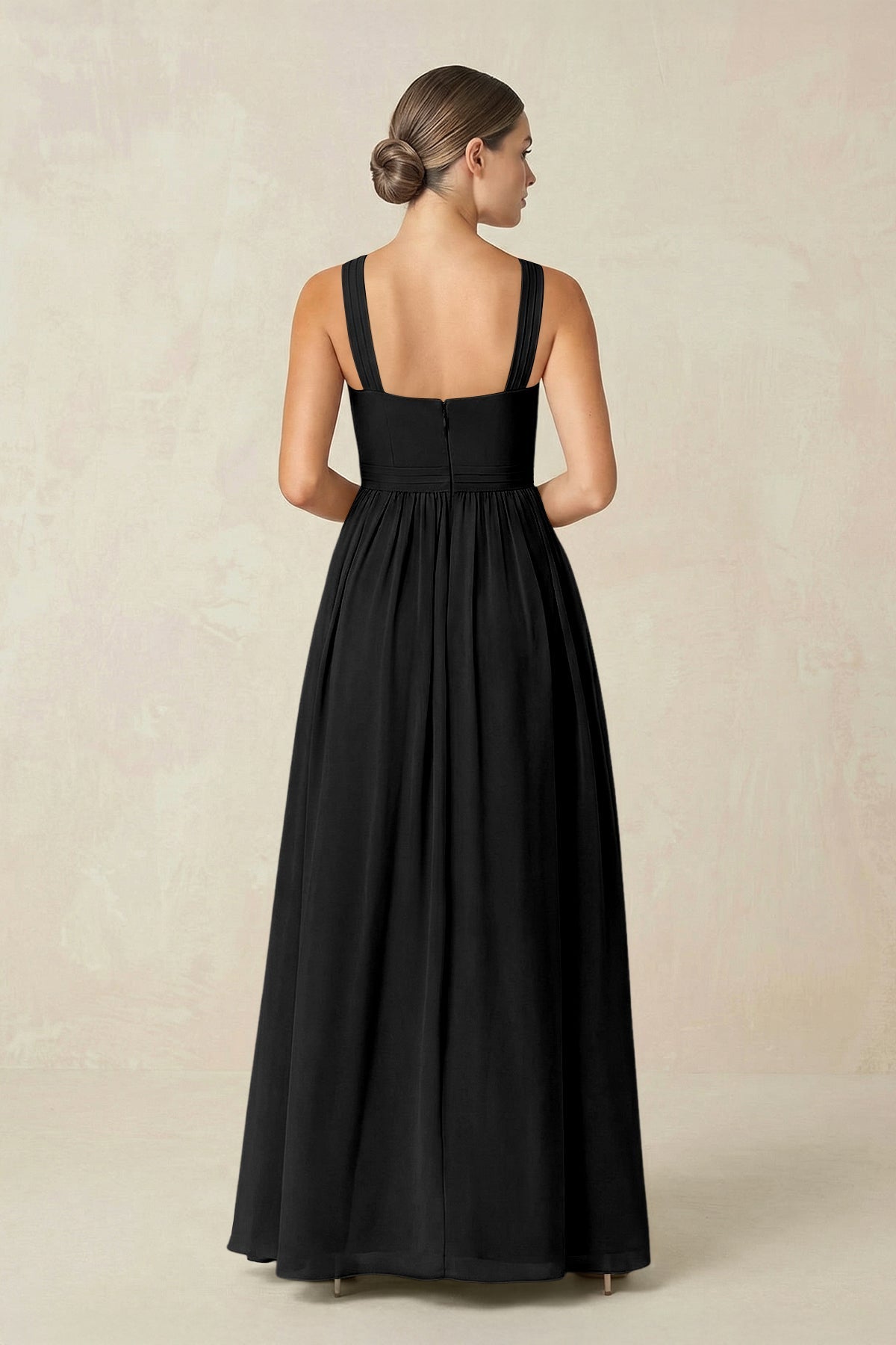 KissProm Cross Halter Neck Chiffon A-Line Bridesmaid Dress With Slit in Black, Black / 6