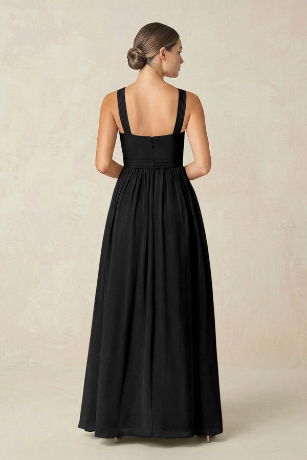 Cross Halter Neck Chiffon A-Line Bridesmaid Dress With Slit in Black - KissProm BRIDESMAID DRESSES