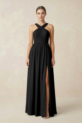 Cross Halter Neck Chiffon A-Line Bridesmaid Dress With Slit in Black - KissProm BRIDESMAID DRESSES
