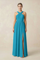 Cross Halter Neck Chiffon A-Line Bridesmaid Dress With Slit in Blue Jay - KissProm BRIDESMAID DRESSES