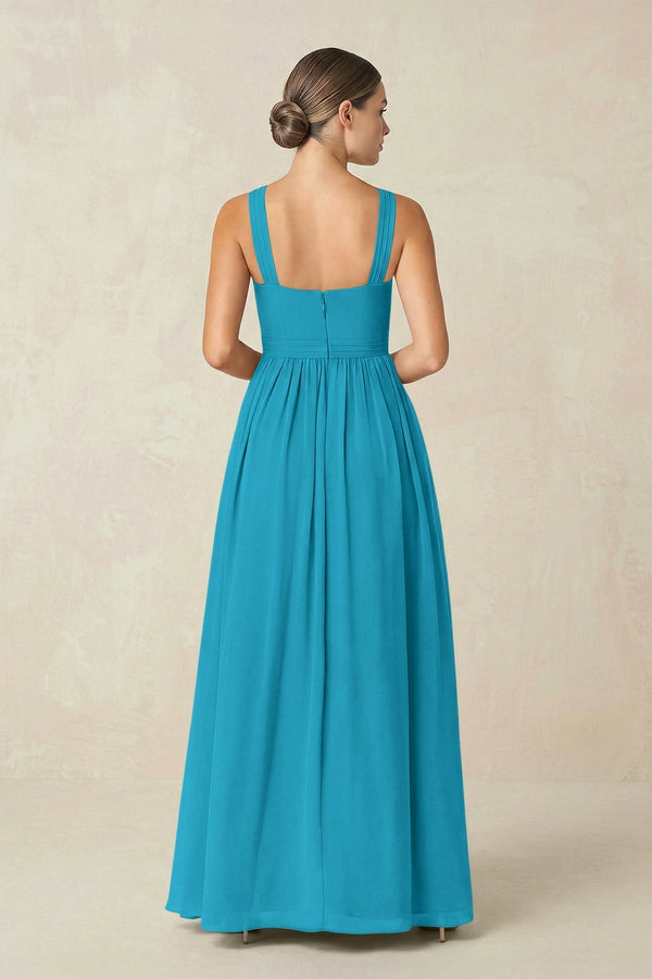 Cross Halter Neck Chiffon A-Line Bridesmaid Dress With Slit in Blue Jay - KissProm BRIDESMAID DRESSES