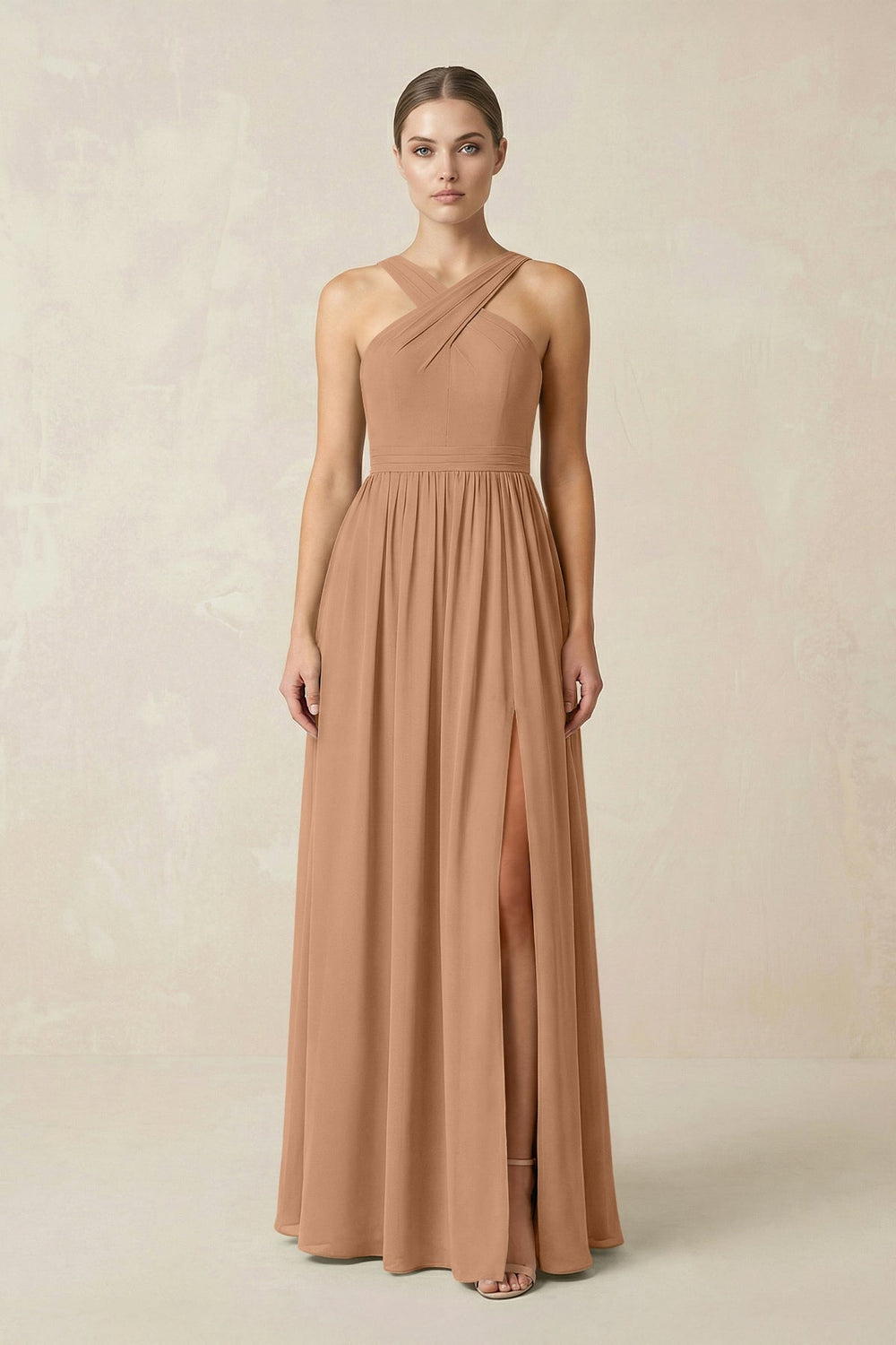 Cross Halter Neck Chiffon A-Line Bridesmaid Dress With Slit in Bronzer - KissProm BRIDESMAID DRESSES