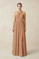 Cross Halter Neck Chiffon A-Line Bridesmaid Dress With Slit in Bronzer - KissProm BRIDESMAID DRESSES