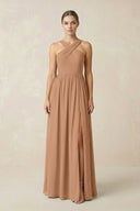 Cross Halter Neck Chiffon A-Line Bridesmaid Dress With Slit in Bronzer - KissProm BRIDESMAID DRESSES